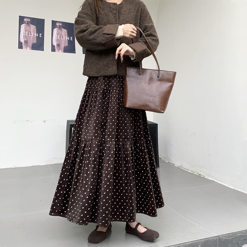 실사 2026 가을 겨울 프랑스식 커피 색상 벨벳 도트 프린트 반신 스커트 허리밴드 한 마디 패치워크 케이크 롱 스커트 이미지 2