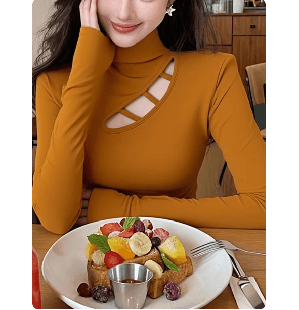 아메리칸 레트로 홀로우 아웃 반하이넥 연삭 털 털이 있는 기본 셔츠 여성 인사이드 가져 가라. 슈퍼 화재 작은 대중 아니요 명중 섹션 긴팔 맨위 이미지 3
