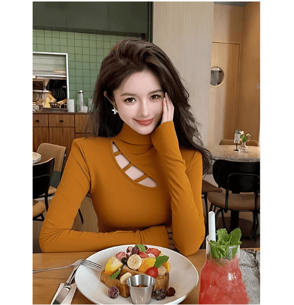 아메리칸 레트로 홀로우 아웃 반하이넥 연삭 털 털이 있는 기본 셔츠 여성 인사이드 가져 가라. 슈퍼 화재 작은 대중 아니요 명중 섹션 긴팔 맨위 이미지 4