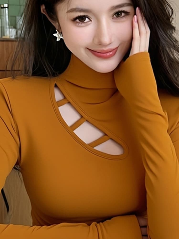 아메리칸 레트로 홀로우 아웃 반하이넥 연삭 털 털이 있는 기본 셔츠 여성 인사이드 가져 가라. 슈퍼 화재 작은 대중 아니요 명중 섹션 긴팔 맨위 상세 이미지 6