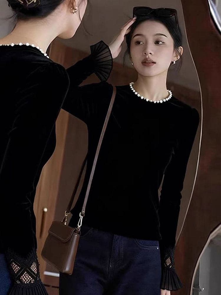프랑스식 비즈 박기 라운드 넥 검정색 벨벳 언더 코트 여성 인사이드 가져 가라. 고급 센스 수 있습니다. 외출용 유럽 상품 고유 한 아름다운 티셔츠 상세 이미지 4