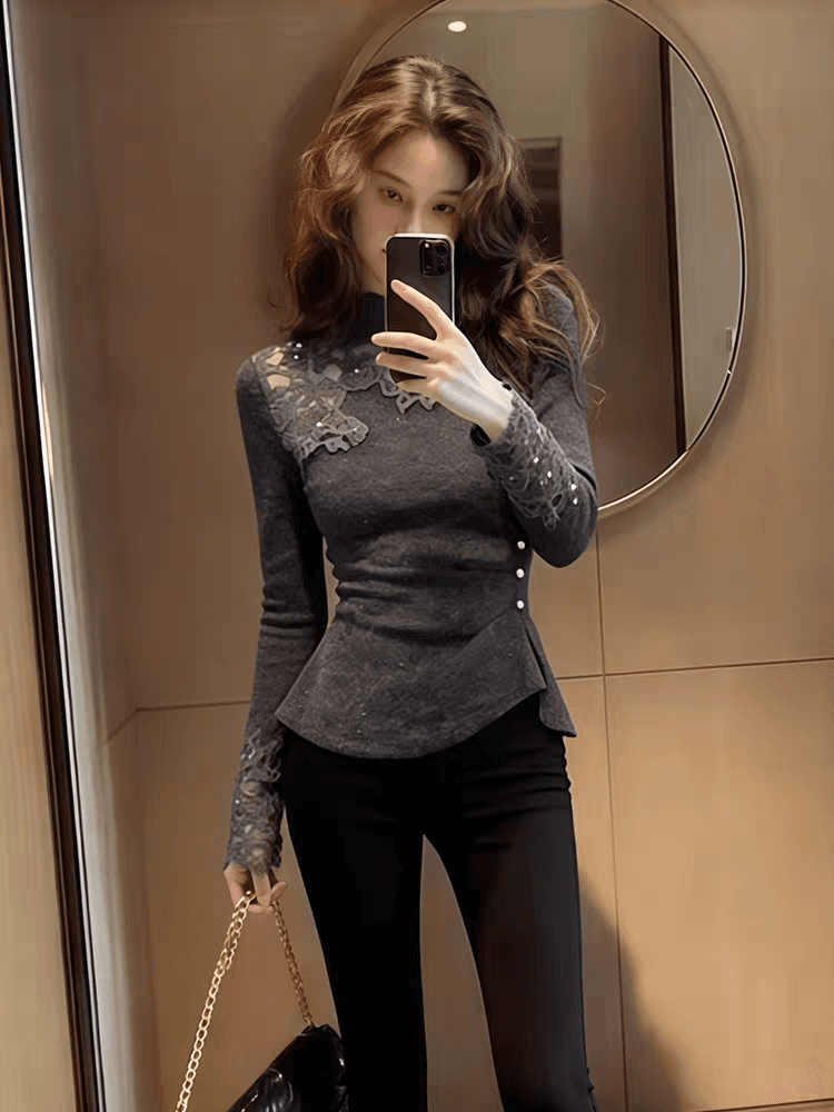 한국 스타일 세련된 고급 센스 회색 레이스 니트 스웨터 여성 2026 봄 우아함 다용도 허리 수축 슬림해 보이는 기본 셔츠 상세 이미지 5