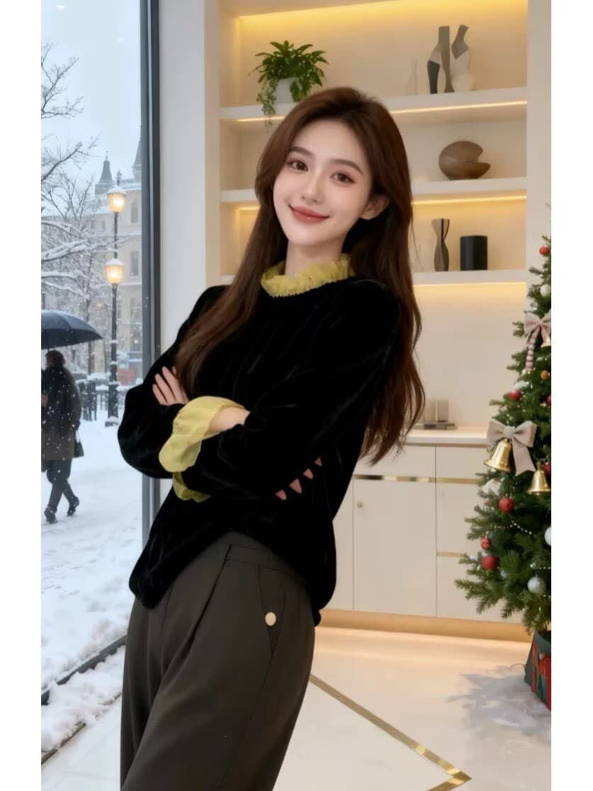 프랑스식 우아함 숙녀 벨벳 티셔츠 여성 2026 년 봄 새로운 디자인 센스 레이스 칼라 연령 감소 슬림해 보이는 맨위 이미지 3