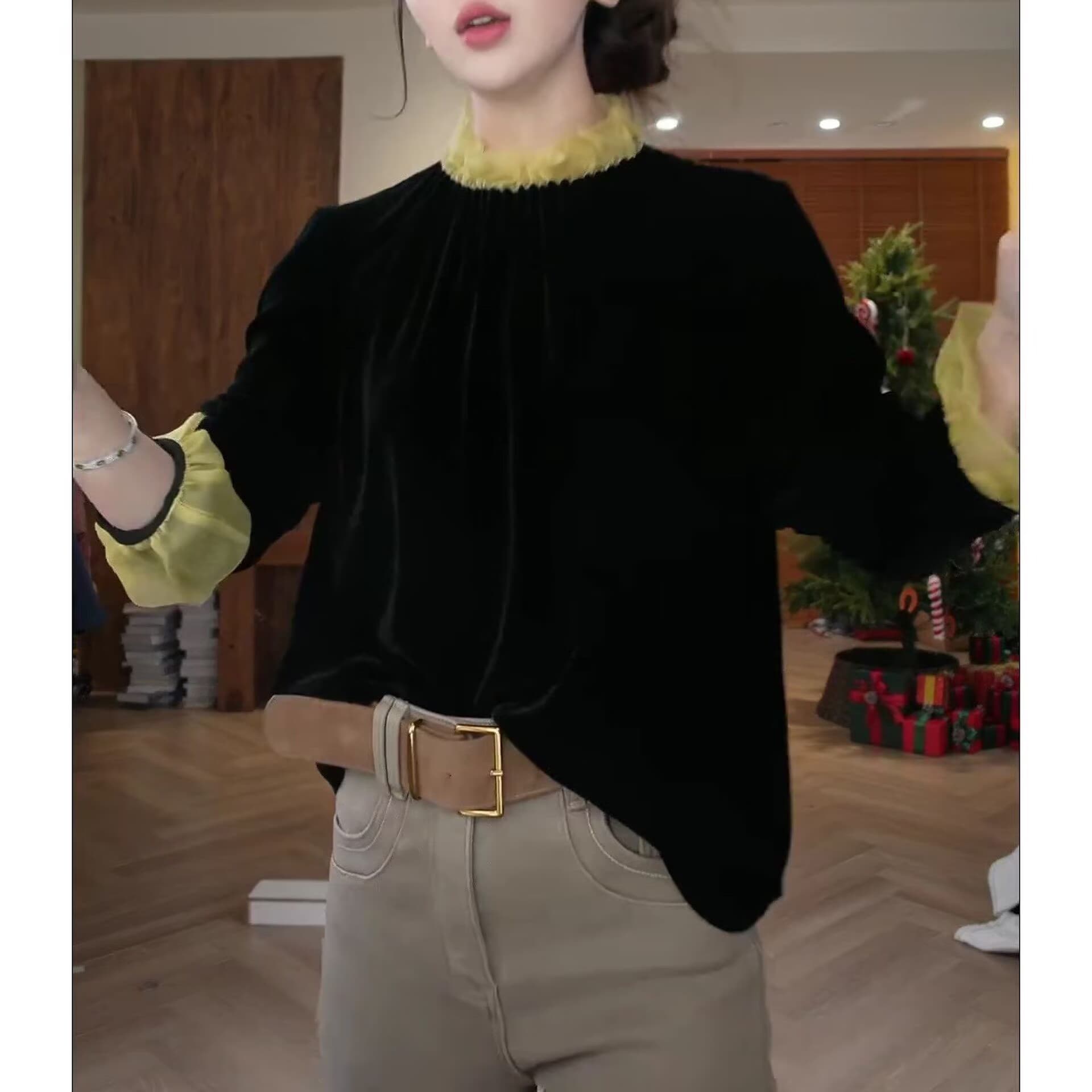 프랑스식 우아함 숙녀 벨벳 티셔츠 여성 2026 년 봄 새로운 디자인 센스 레이스 칼라 연령 감소 슬림해 보이는 맨위 상세 이미지 11