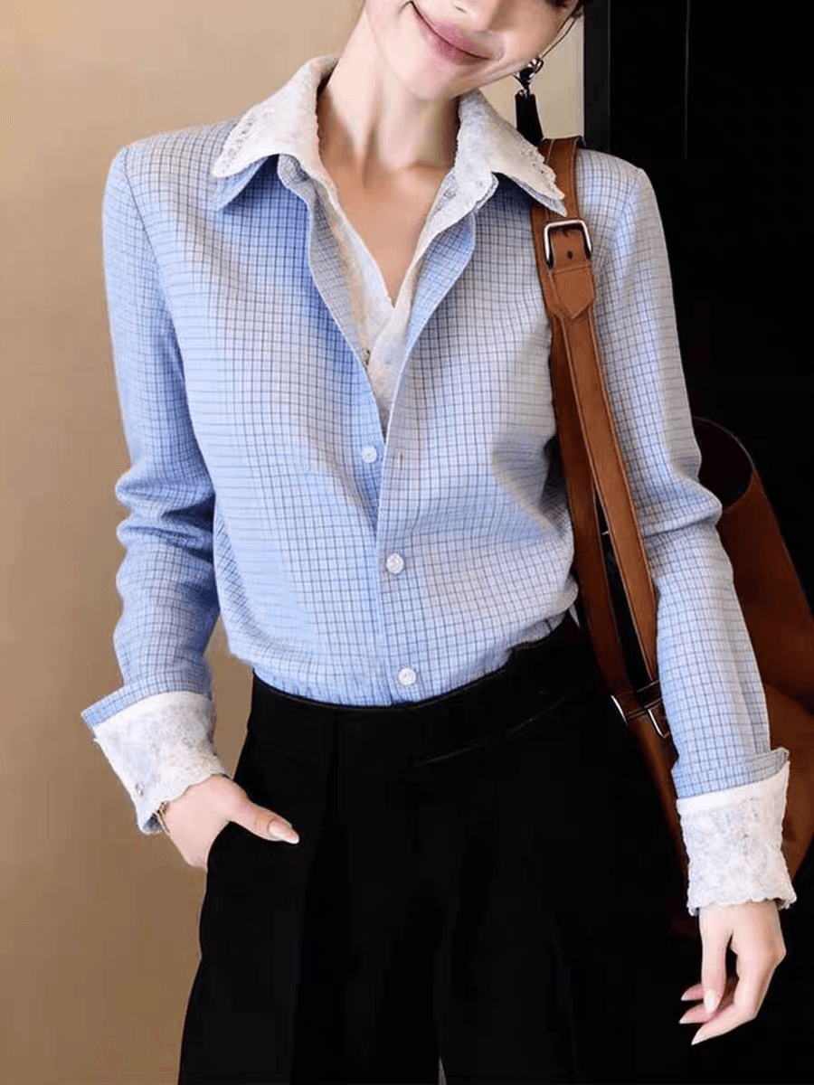 우아함 절묘한 파란색 페이크 레이어드 셔츠 품격 폴로 칼라 긴팔 체크무늬 레이스 측면에 의류 2026 봄 여성 이미지 3