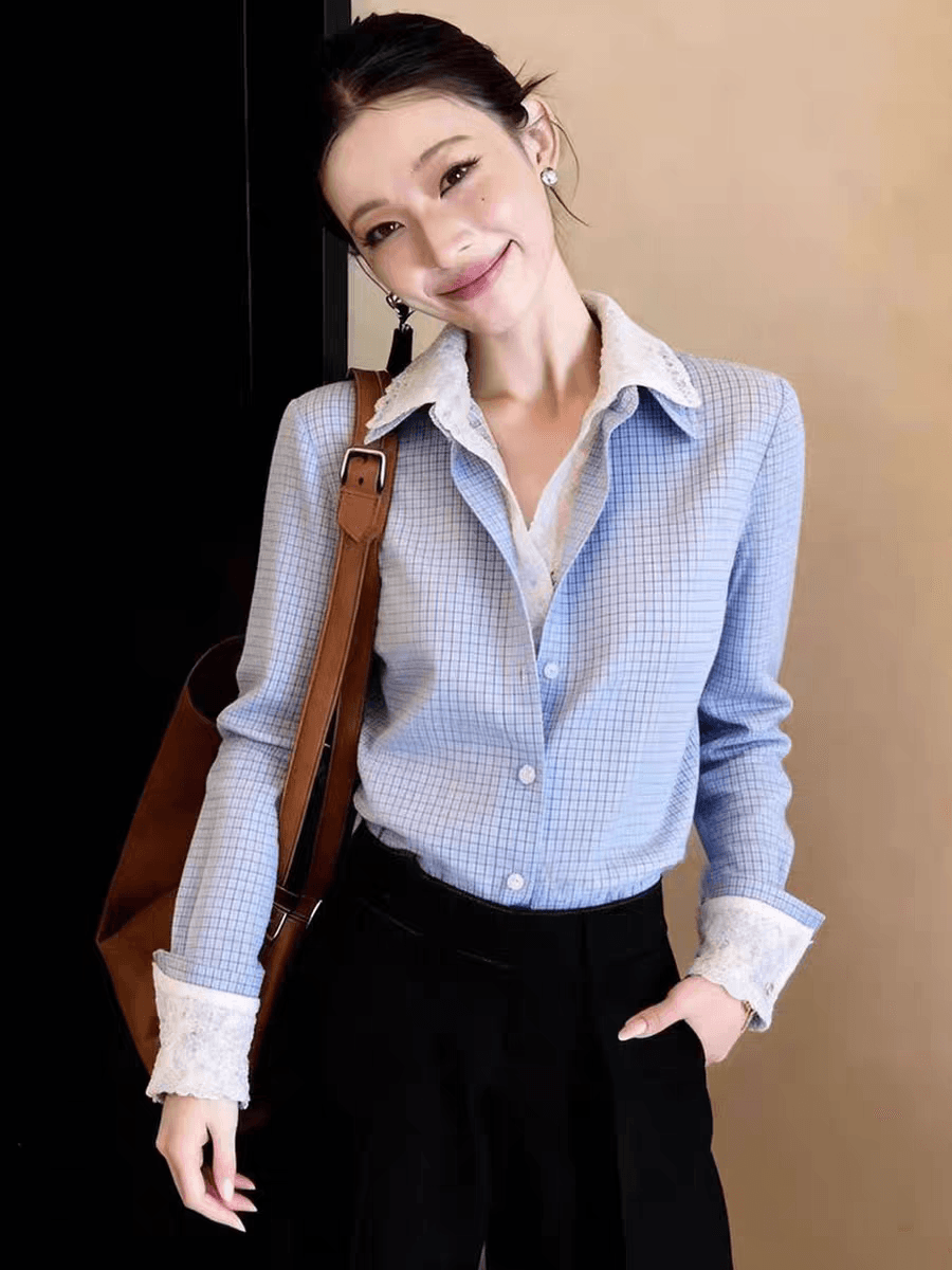 우아함 절묘한 파란색 페이크 레이어드 셔츠 품격 폴로 칼라 긴팔 체크무늬 레이스 측면에 의류 2026 봄 여성 상세 이미지 2