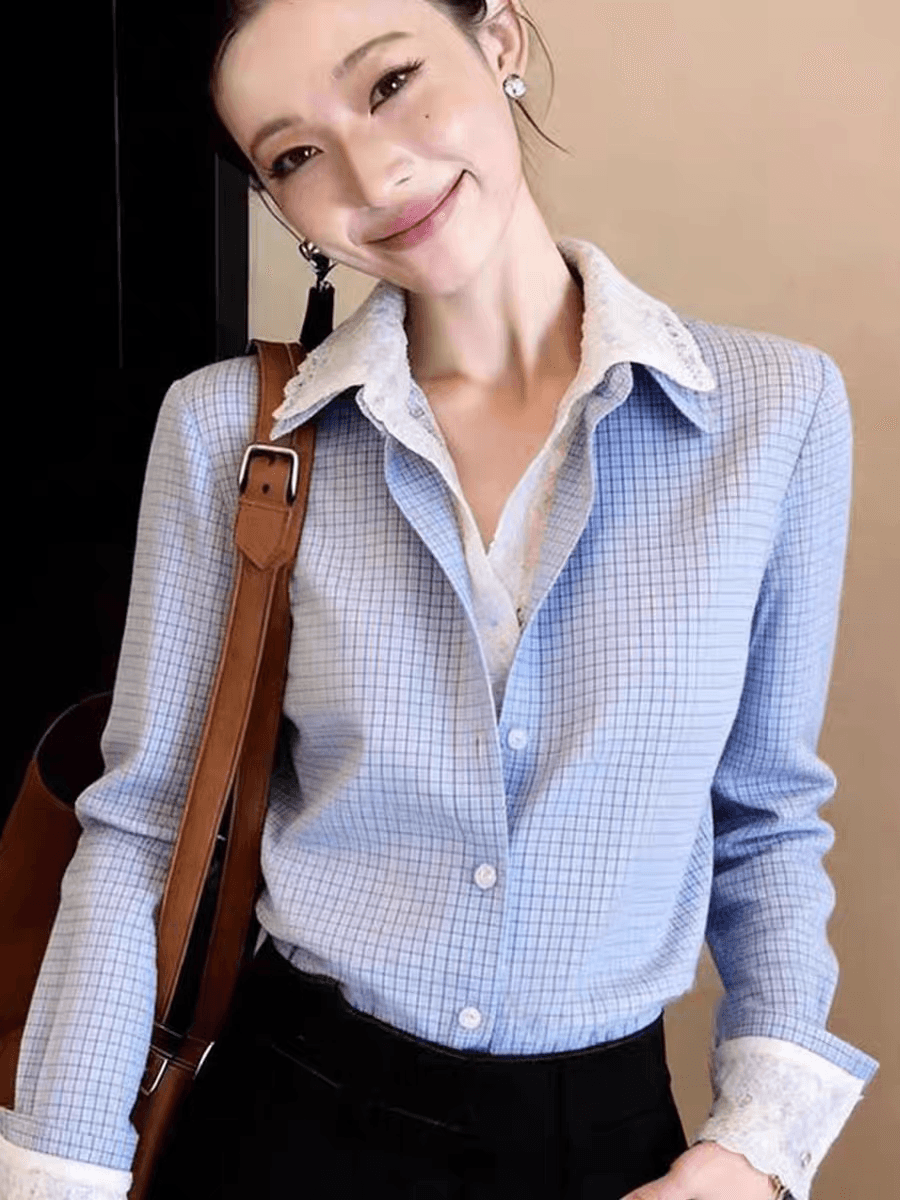 우아함 절묘한 파란색 페이크 레이어드 셔츠 품격 폴로 칼라 긴팔 체크무늬 레이스 측면에 의류 2026 봄 여성 상세 이미지 1