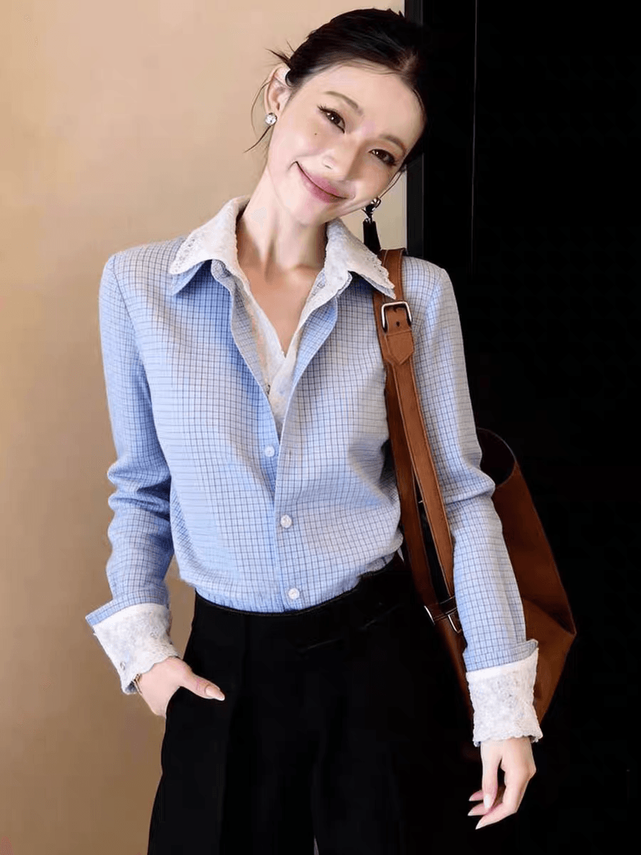 우아함 절묘한 파란색 페이크 레이어드 셔츠 품격 폴로 칼라 긴팔 체크무늬 레이스 측면에 의류 2026 봄 여성 상세 이미지 5