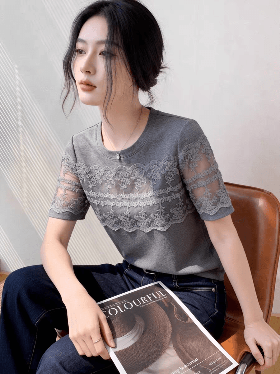 2026 새로운 그리드 레이 부서 패션 레이스 조각 반팔 티셔츠 여성 회색 슬림해 보이는 연령 감소 다용도 품격 맨위 이미지 2