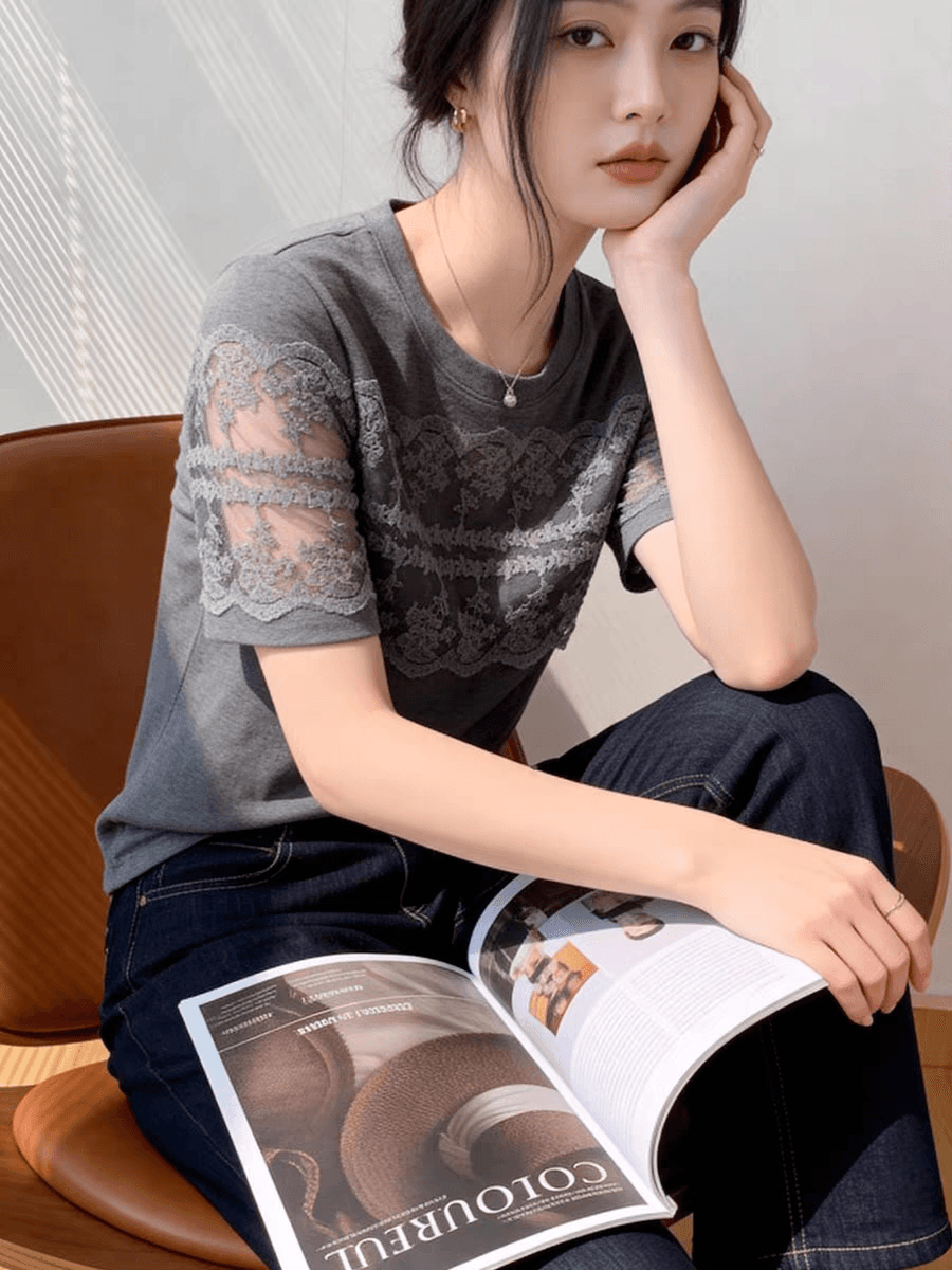 2026 새로운 그리드 레이 부서 패션 레이스 조각 반팔 티셔츠 여성 회색 슬림해 보이는 연령 감소 다용도 품격 맨위 이미지 3