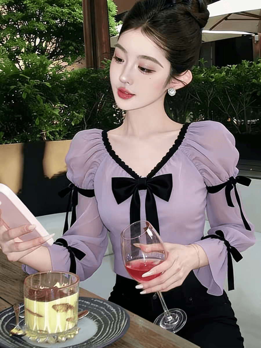 디자인 센스 보라색 나비 매듭 셔츠 2026 봄 고급 센스 빛 럭셔리 고유 한 아름다운 프랑스식 허리 수축 맨위 여성