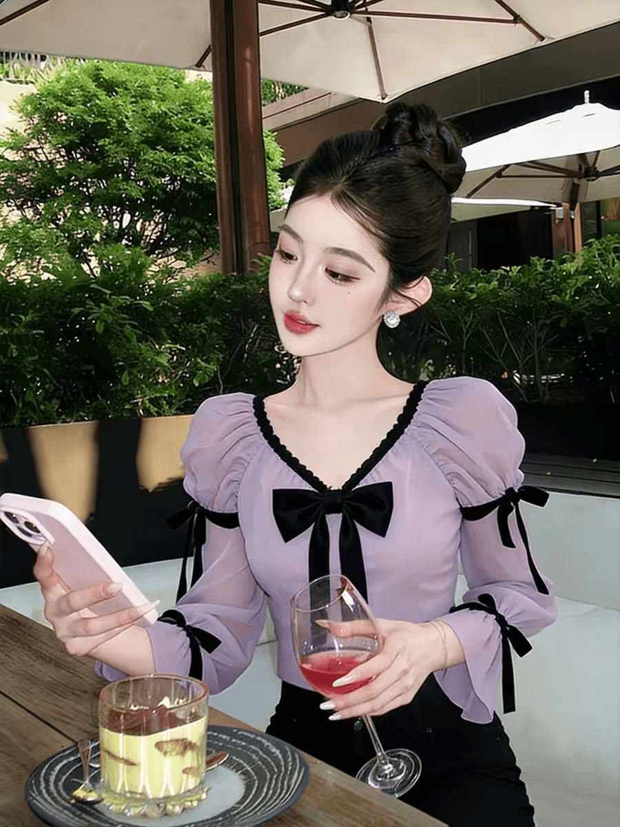 디자인 센스 보라색 나비 매듭 셔츠 2026 봄 고급 센스 빛 럭셔리 고유 한 아름다운 프랑스식 허리 수축 맨위 여성 상세 이미지 1