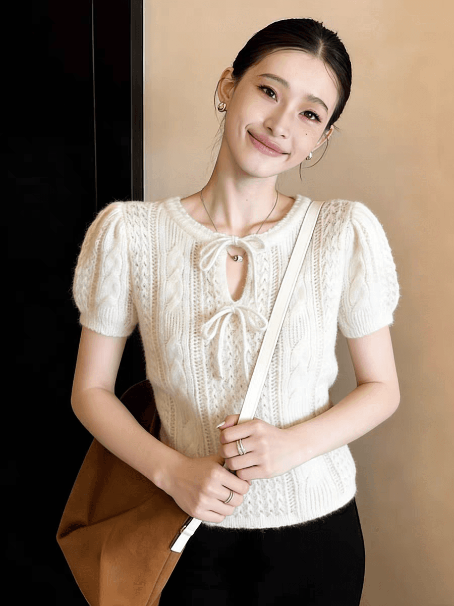 한 부서 품격 베이지 색 레이스업 니트 반팔 티셔츠 여성 여름 착용 가져 가라. 거품 소매 달콤함 부드러운 바람 맨위 상세 이미지 3