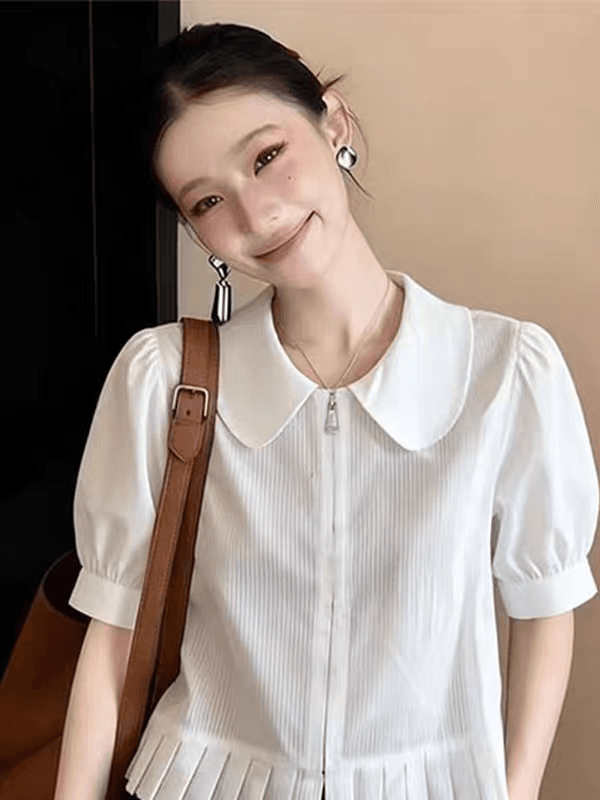 학원 스타일 베이비 칼라 여성 셔츠 2026 년 봄 새로운 벌룬 소매 슬림해 보이는 고급 품격 인사이드 잡아라. 의류 트렌디 상세 이미지 4