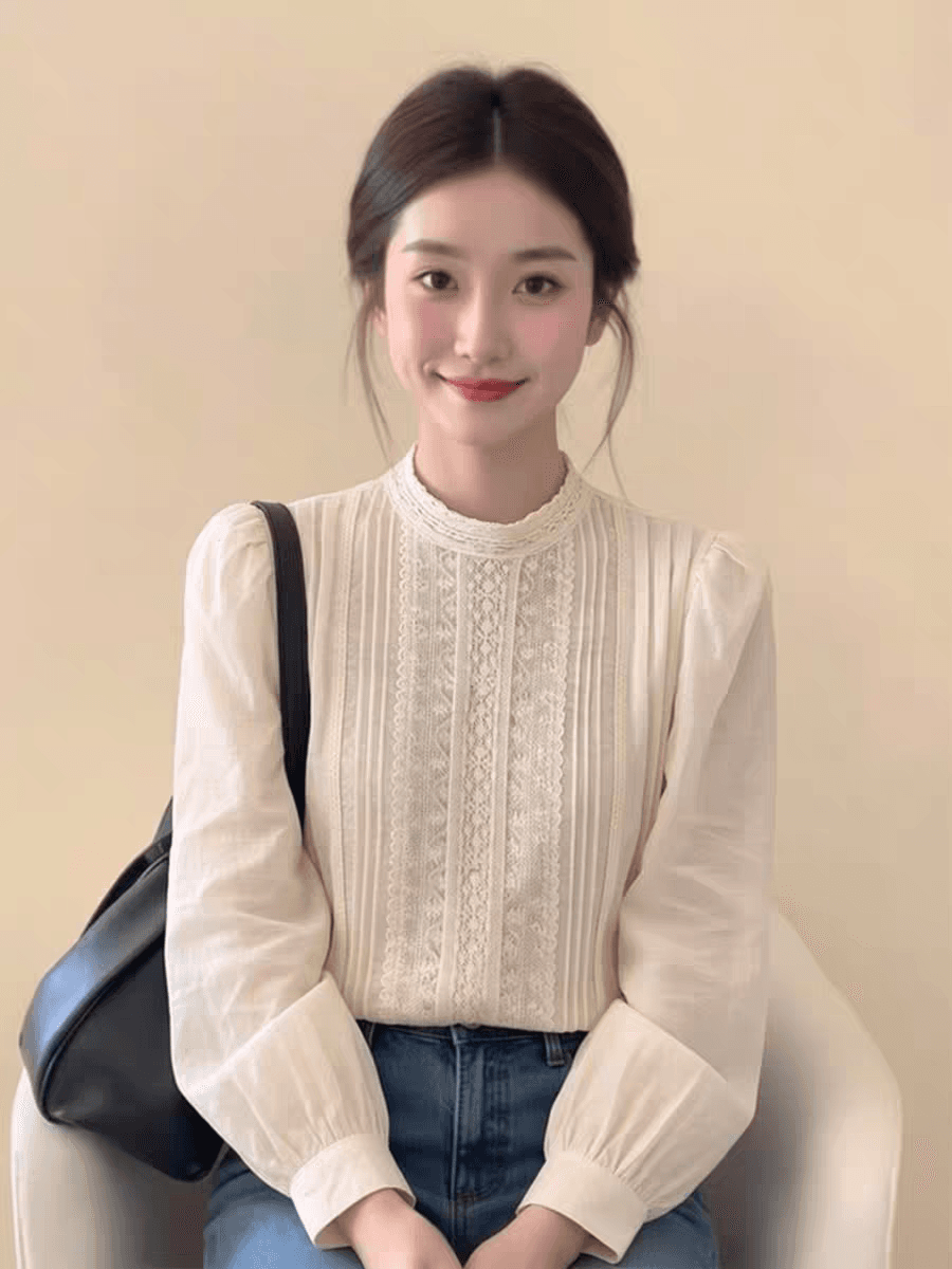 프랑스식 베이지 색 라운드 넥 레이스 자수 긴팔 셔츠 봄 드레스 여성 2026 년 새로운 빛 럭셔리 고급 센스 맨위