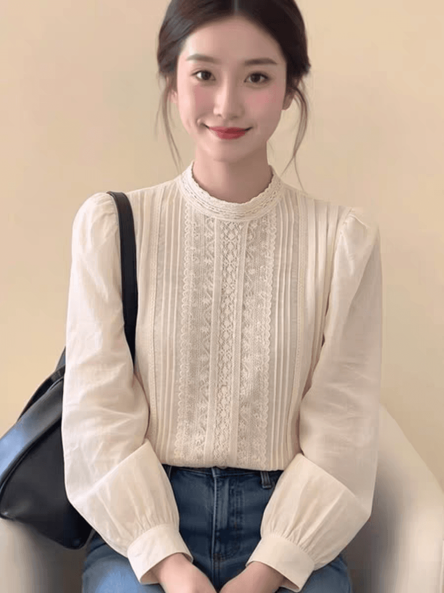 프랑스식 베이지 색 라운드 넥 레이스 자수 긴팔 셔츠 봄 드레스 여성 2026 년 새로운 빛 럭셔리 고급 센스 맨위 이미지 4