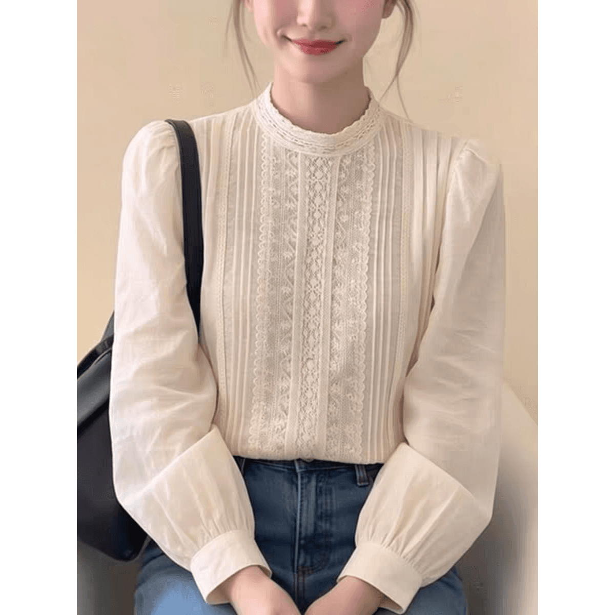 프랑스식 베이지 색 라운드 넥 레이스 자수 긴팔 셔츠 봄 드레스 여성 2026 년 새로운 빛 럭셔리 고급 센스 맨위 이미지 5