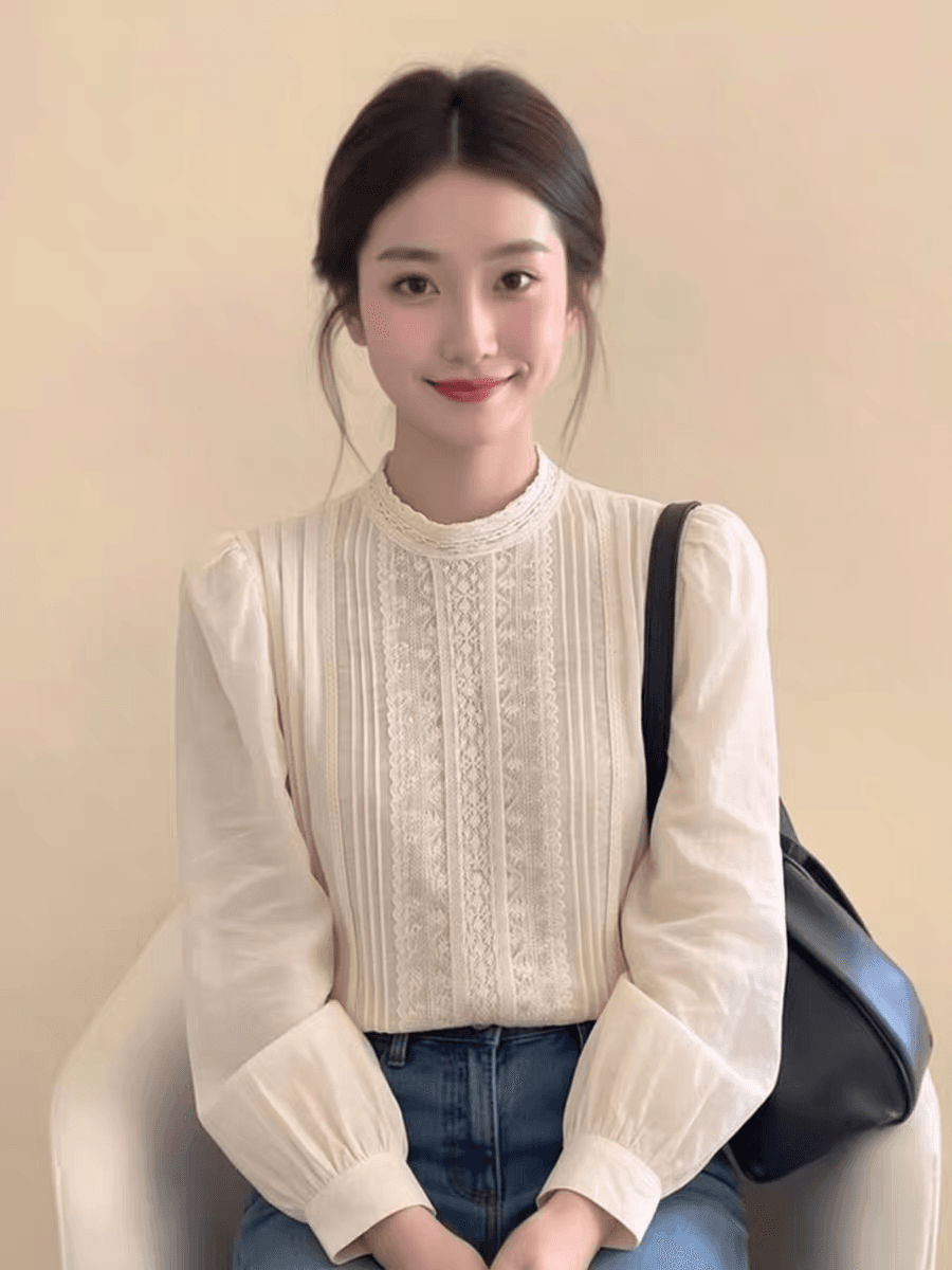 프랑스식 베이지 색 라운드 넥 레이스 자수 긴팔 셔츠 봄 드레스 여성 2026 년 새로운 빛 럭셔리 고급 센스 맨위 상세 이미지 2