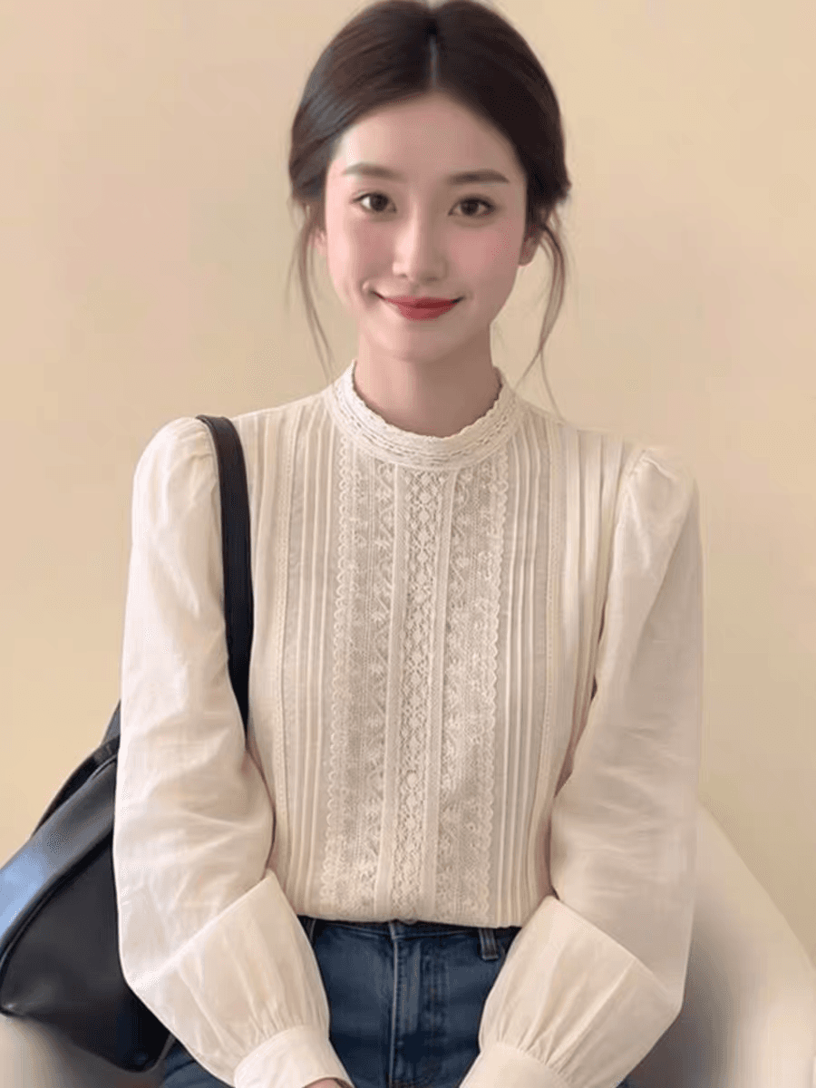 프랑스식 베이지 색 라운드 넥 레이스 자수 긴팔 셔츠 봄 드레스 여성 2026 년 새로운 빛 럭셔리 고급 센스 맨위 상세 이미지 3