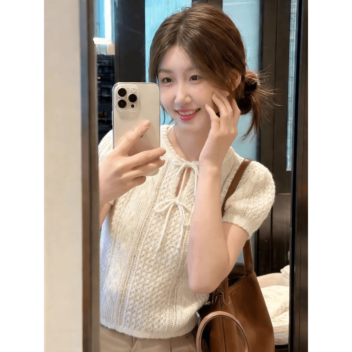 우유 화이트 나비 넥타이 질감 센스 반팔 티셔츠 여성 2026 여름 부드러운 바람 달콤함 분위기 센스 맨위 이미지 5