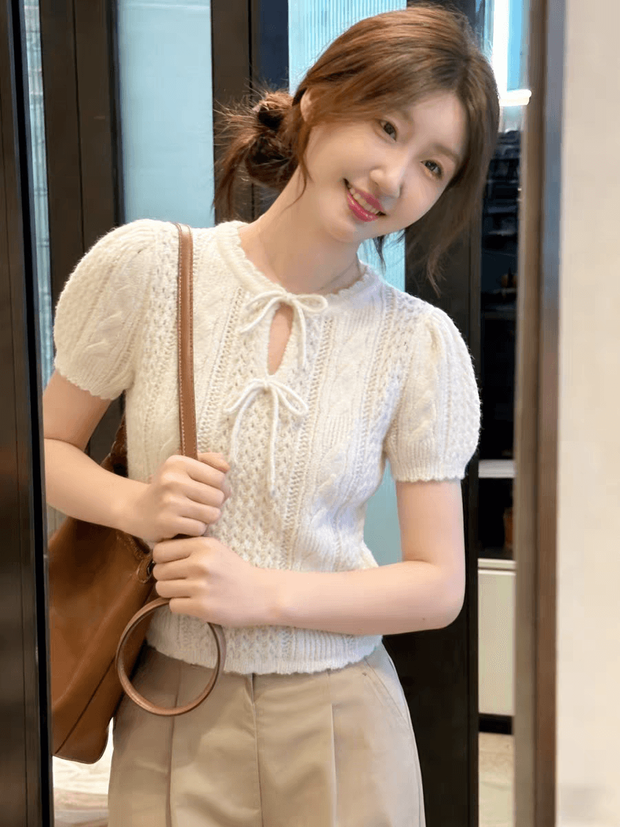우유 화이트 나비 넥타이 질감 센스 반팔 티셔츠 여성 2026 여름 부드러운 바람 달콤함 분위기 센스 맨위 상세 이미지 3