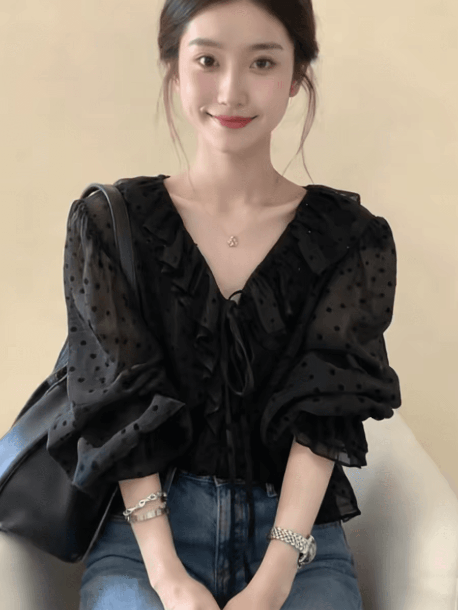프랑스식 검정색 프릴 도트 무늬 V넥 여성 셔츠 2026 봄 새로운 작은 대중 디자인 센스 벌룬 소매 맨위 이미지 4