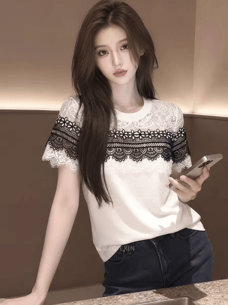 2026 여름 새로운 고급 디자인 센스 레이스 조각 반팔 티셔츠 여성 화이트 다용도 외국 가스 세련된 맨위 상세 이미지 1