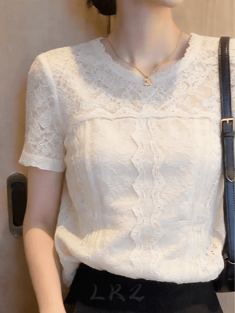 유럽 상품 고급 센스 레이스 기본 셔츠 여성용 짧은 소매 여름 새로운 다용도 맨위 품격 미니멀리즘 화이트 작은 셔츠 상세 이미지 4
