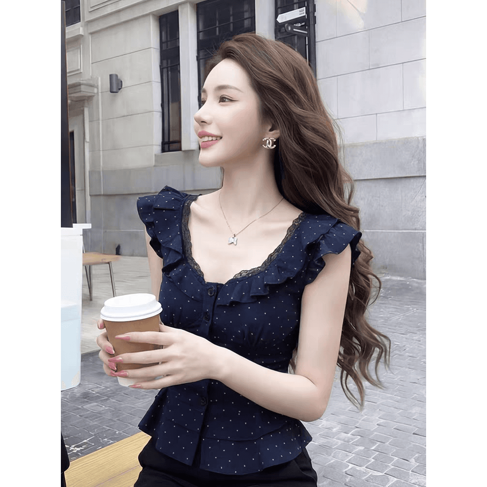 프랑스식 순수한 욕망 레이스 조각 V넥 반팔 여성 셔츠 2026 여름 새로운 도트 무늬 프린트 고급 센스 셔츠 이미지 5
