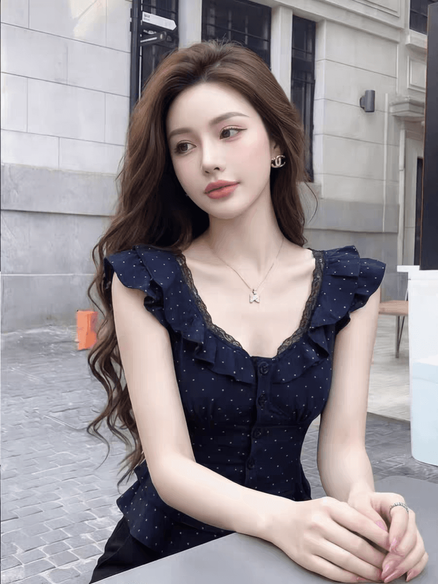 프랑스식 순수한 욕망 레이스 조각 V넥 반팔 여성 셔츠 2026 여름 새로운 도트 무늬 프린트 고급 센스 셔츠 상세 이미지 3