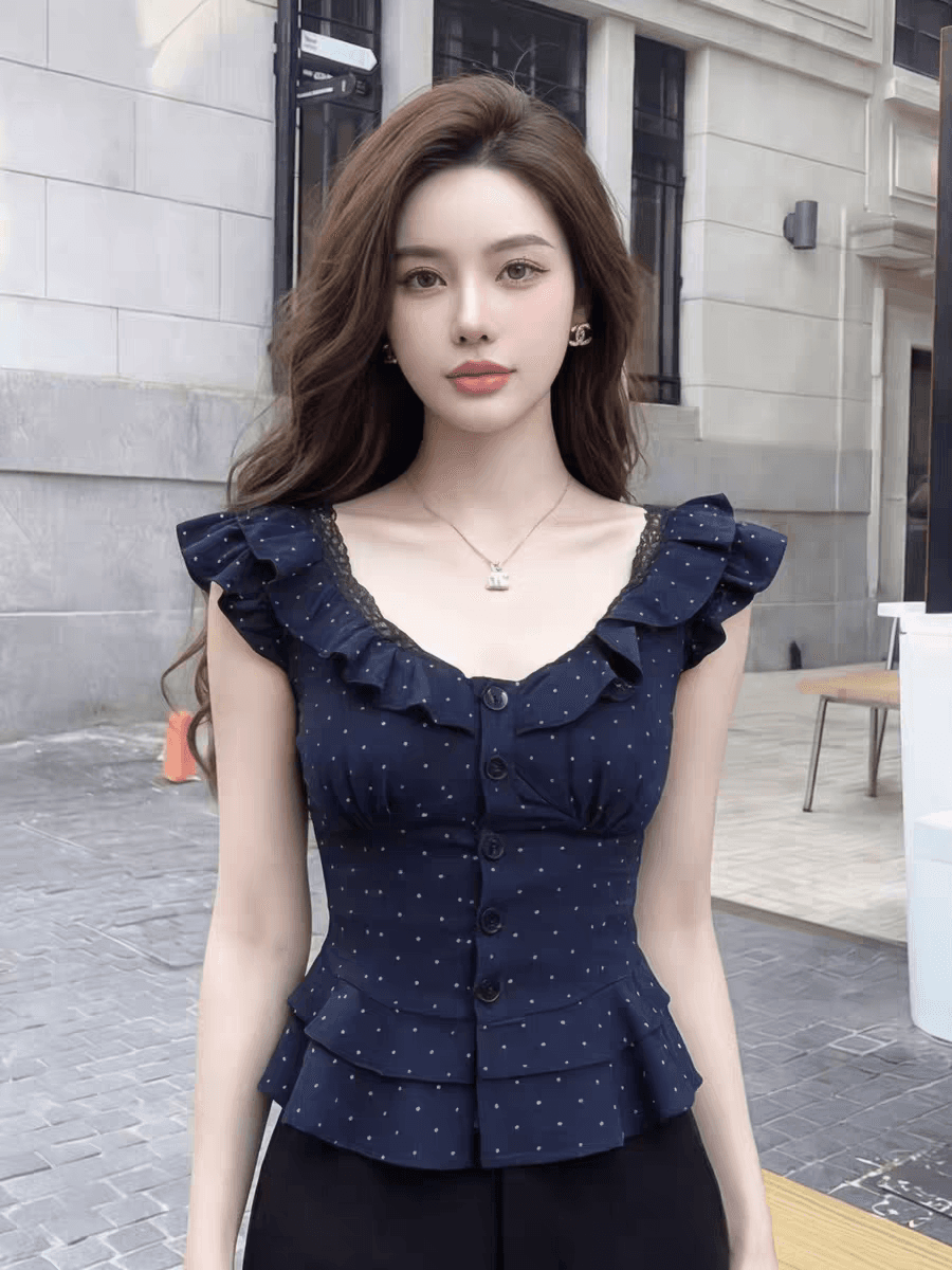 프랑스식 순수한 욕망 레이스 조각 V넥 반팔 여성 셔츠 2026 여름 새로운 도트 무늬 프린트 고급 센스 셔츠 상세 이미지 4