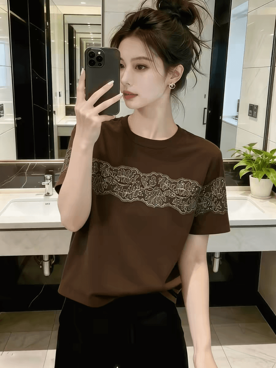 한 부서 레이스 라운드 넥 반팔 티셔츠 여성 2026 새로운 여름 패션 외국 가스 슈퍼 잘 생긴 아름다운 고유 한 맨위 이미지 3
