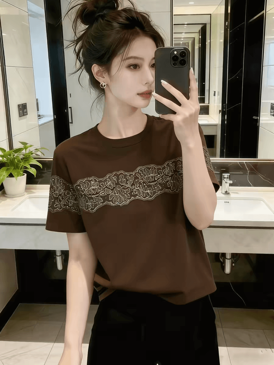 한 부서 레이스 라운드 넥 반팔 티셔츠 여성 2026 새로운 여름 패션 외국 가스 슈퍼 잘 생긴 아름다운 고유 한 맨위 상세 이미지 1