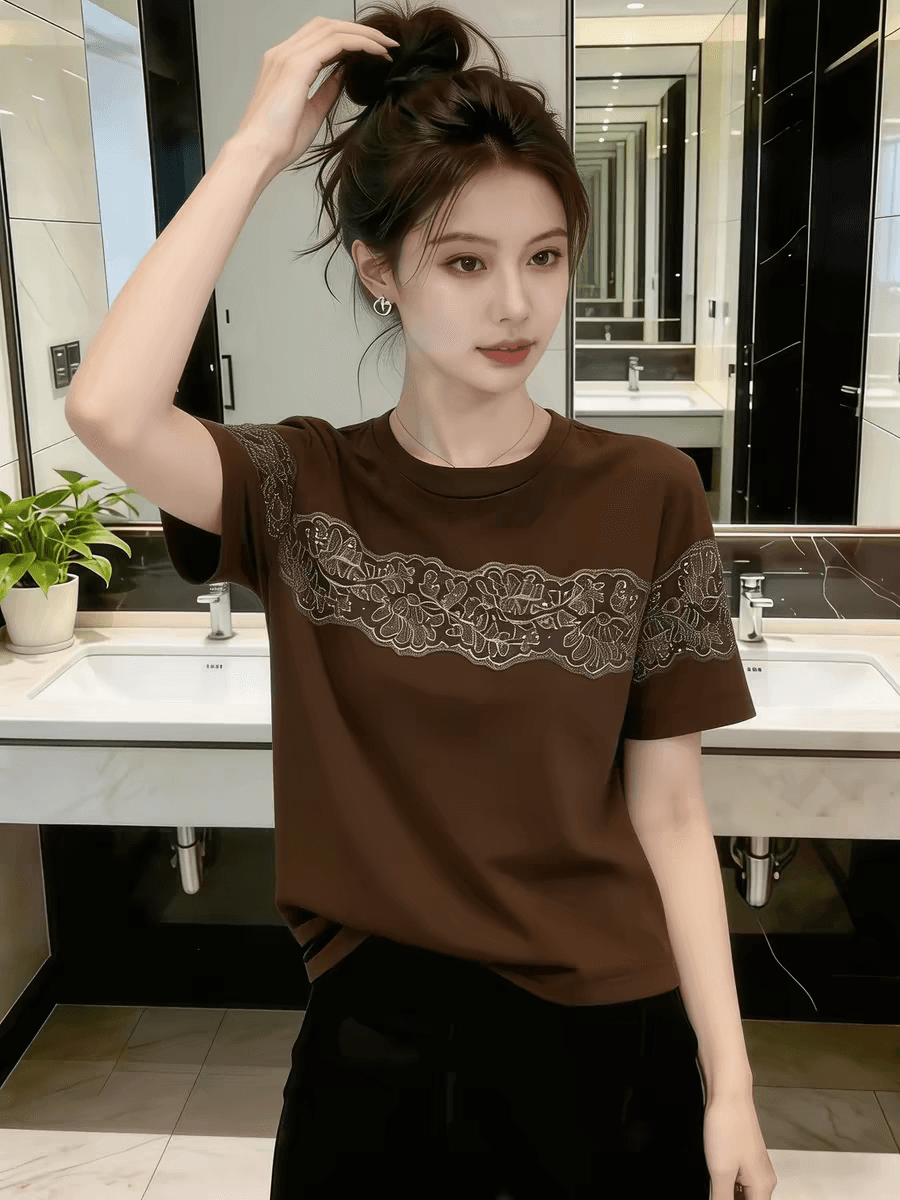 한 부서 레이스 라운드 넥 반팔 티셔츠 여성 2026 새로운 여름 패션 외국 가스 슈퍼 잘 생긴 아름다운 고유 한 맨위 상세 이미지 2