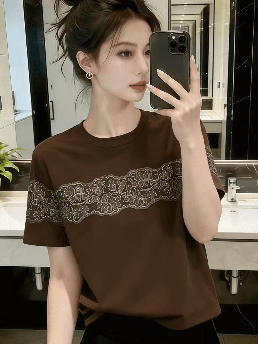 한 부서 레이스 라운드 넥 반팔 티셔츠 여성 2026 새로운 여름 패션 외국 가스 슈퍼 잘 생긴 아름다운 고유 한 맨위 상세 이미지 5