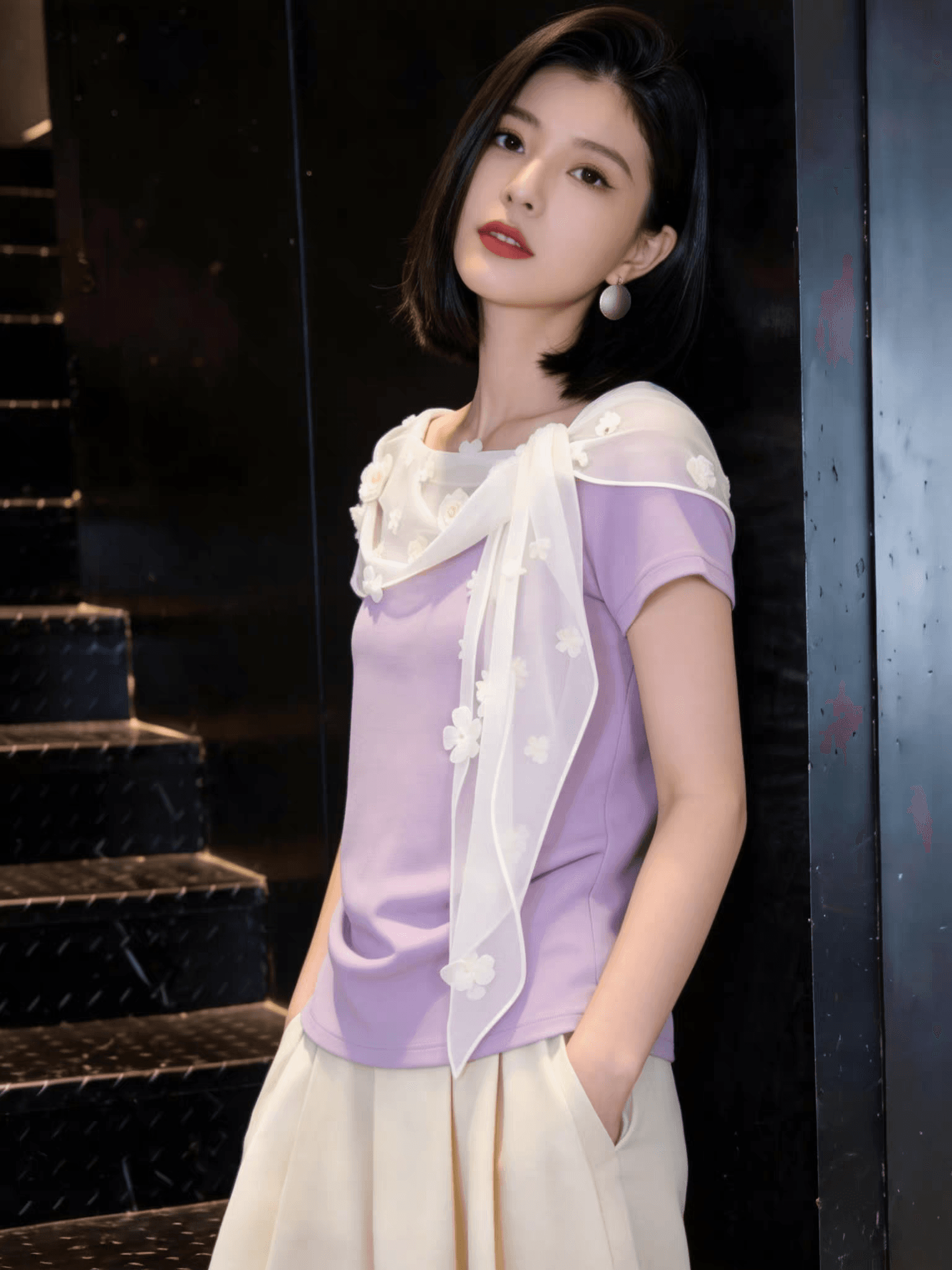 부드러운 한 부서 바람 레이스 조각 2026 여름 새로운 반팔 여성 셔츠 보라색 오프숄더 몸매 가꾸기 슬림해 보이는 연령 감소 상세 이미지 5
