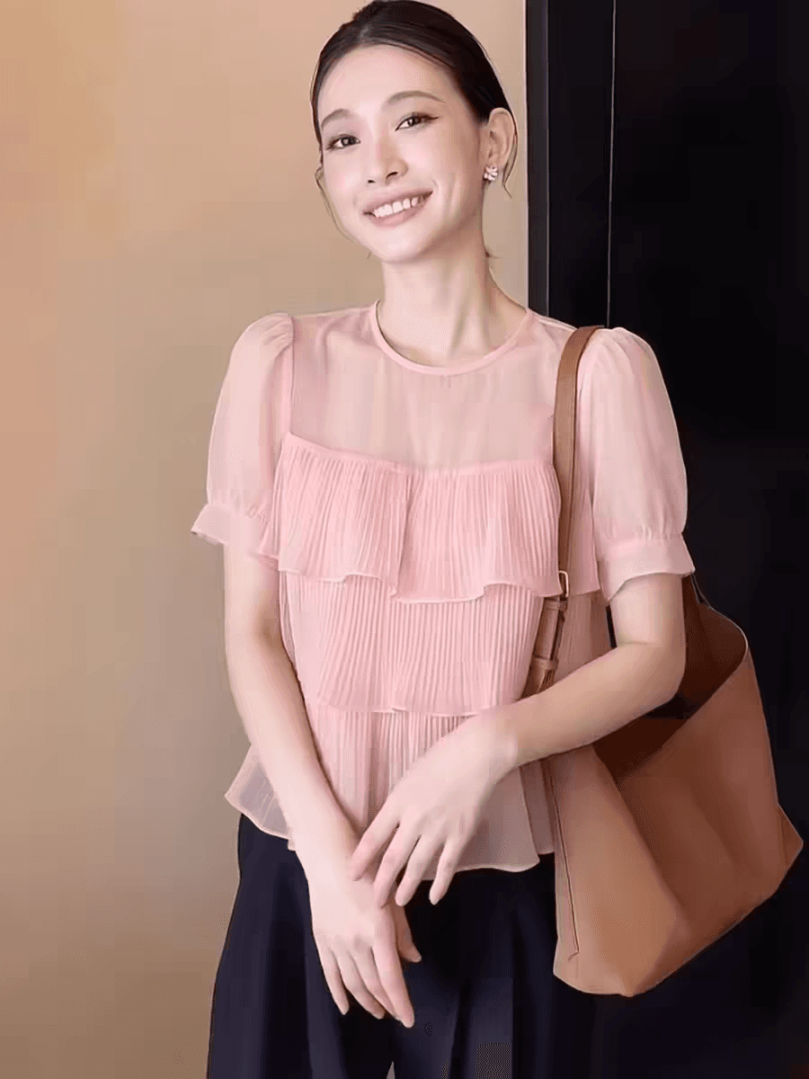 프랑스식 프릴 라운드 넥 쉬폰 반팔 티셔츠 여성 여름 루즈핏 디자인 센스 작은 대중 품격 거품 소매 맨위 이미지 3