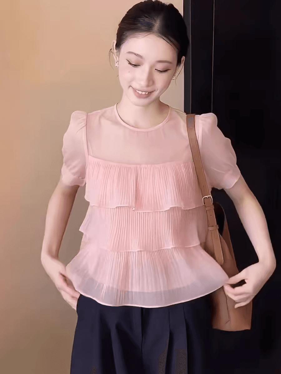 프랑스식 프릴 라운드 넥 쉬폰 반팔 티셔츠 여성 여름 루즈핏 디자인 센스 작은 대중 품격 거품 소매 맨위 이미지 4