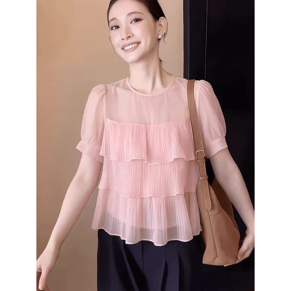 프랑스식 프릴 라운드 넥 쉬폰 반팔 티셔츠 여성 여름 루즈핏 디자인 센스 작은 대중 품격 거품 소매 맨위 이미지 5