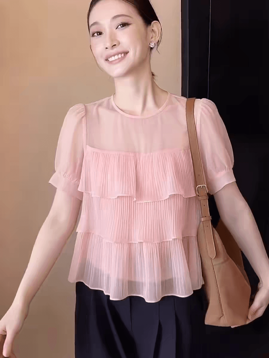 프랑스식 프릴 라운드 넥 쉬폰 반팔 티셔츠 여성 여름 루즈핏 디자인 센스 작은 대중 품격 거품 소매 맨위 상세 이미지 6