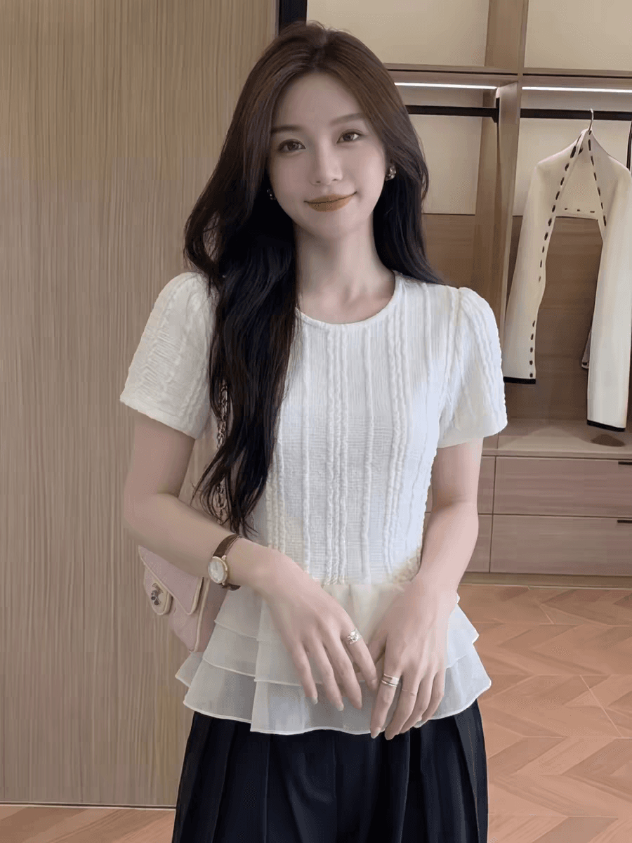 2026 여름 새로운 프랑스식 주름 라운드 넥 반팔 기본 셔츠 여성 한국 스타일 화이트 연령 감소 빅 사이즈 맨위 셔츠 상세 이미지 2