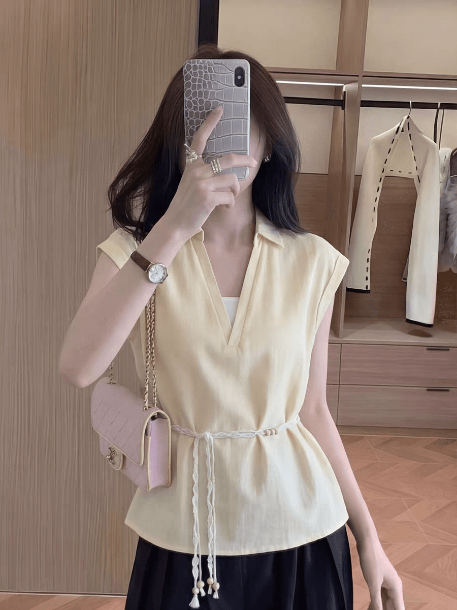 2026 여름 빅 사이즈 디자인 센스 페이크 레이어드 반팔 여성 셔츠 허리 수축 슬림해 보이는 품격 맨위 초기 여름 착용 가져 가라. 상세 이미지 1
