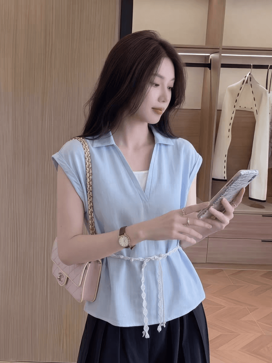 2026 여름 빅 사이즈 디자인 센스 페이크 레이어드 반팔 여성 셔츠 허리 수축 슬림해 보이는 품격 맨위 초기 여름 착용 가져 가라. 상세 이미지 8