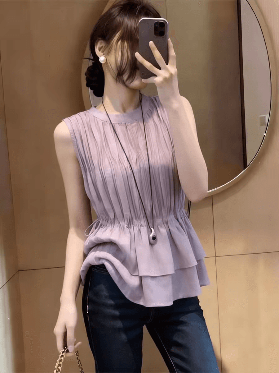 프랑스식 빛 요리 한 바람 라운드 넥 펌프 로프 허리 수축 민소매 조끼 여성 2026 여름 새로운 주름 외출용 고유 한 맨위 상세 이미지 1