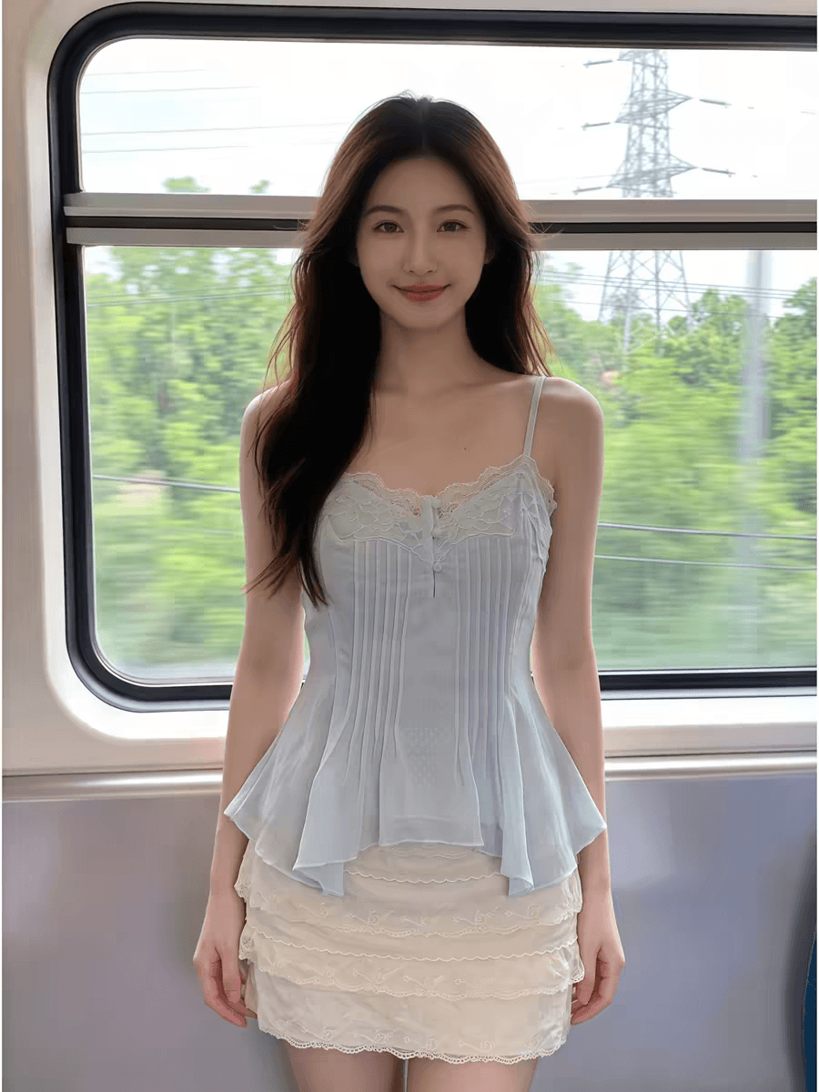 한 부서 순수한 디자인 센스 레이스 조각 캐미솔 주름 단추 몸매 가꾸기 슬림해 보이는 아름다운 맨위 상세 이미지 1