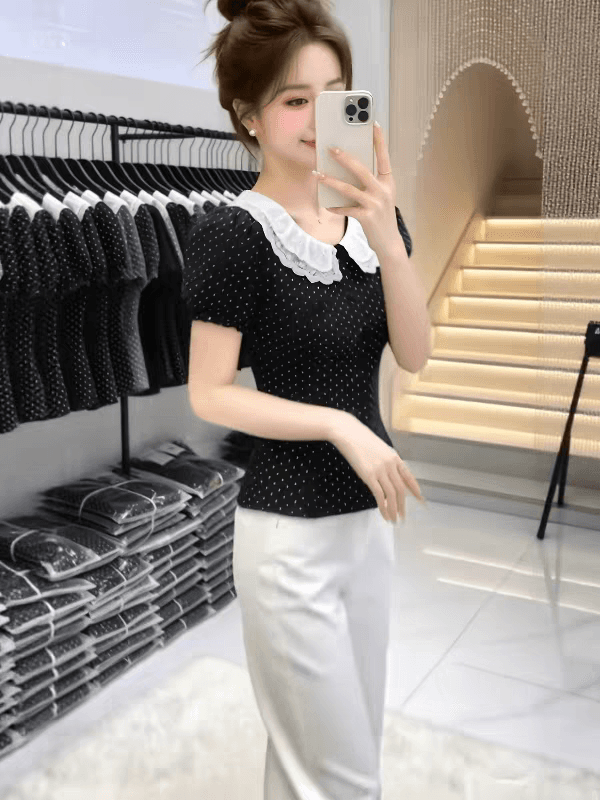 한 부서 베이비 칼라 도트 무늬 허리 수축 반팔 여성 셔츠 2026 여름 빅 사이즈 지방 mm 몸매 가꾸기 자이언트 슬림해 보이는 품격 맨위 이미지 2