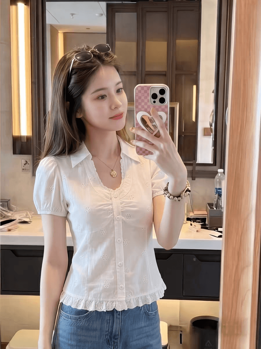 2026 여름 달콤함 소녀 바람 거품 소매 화이트 레이스 레이스 여성 셔츠 빅 사이즈 슬림해 보이는 고급 센스 맨위 이미지 4
