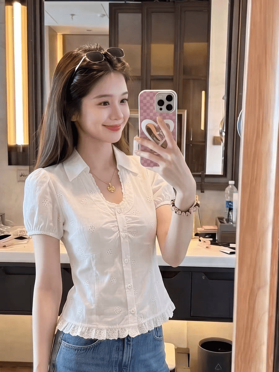 2026 여름 달콤함 소녀 바람 거품 소매 화이트 레이스 레이스 여성 셔츠 빅 사이즈 슬림해 보이는 고급 센스 맨위 상세 이미지 1