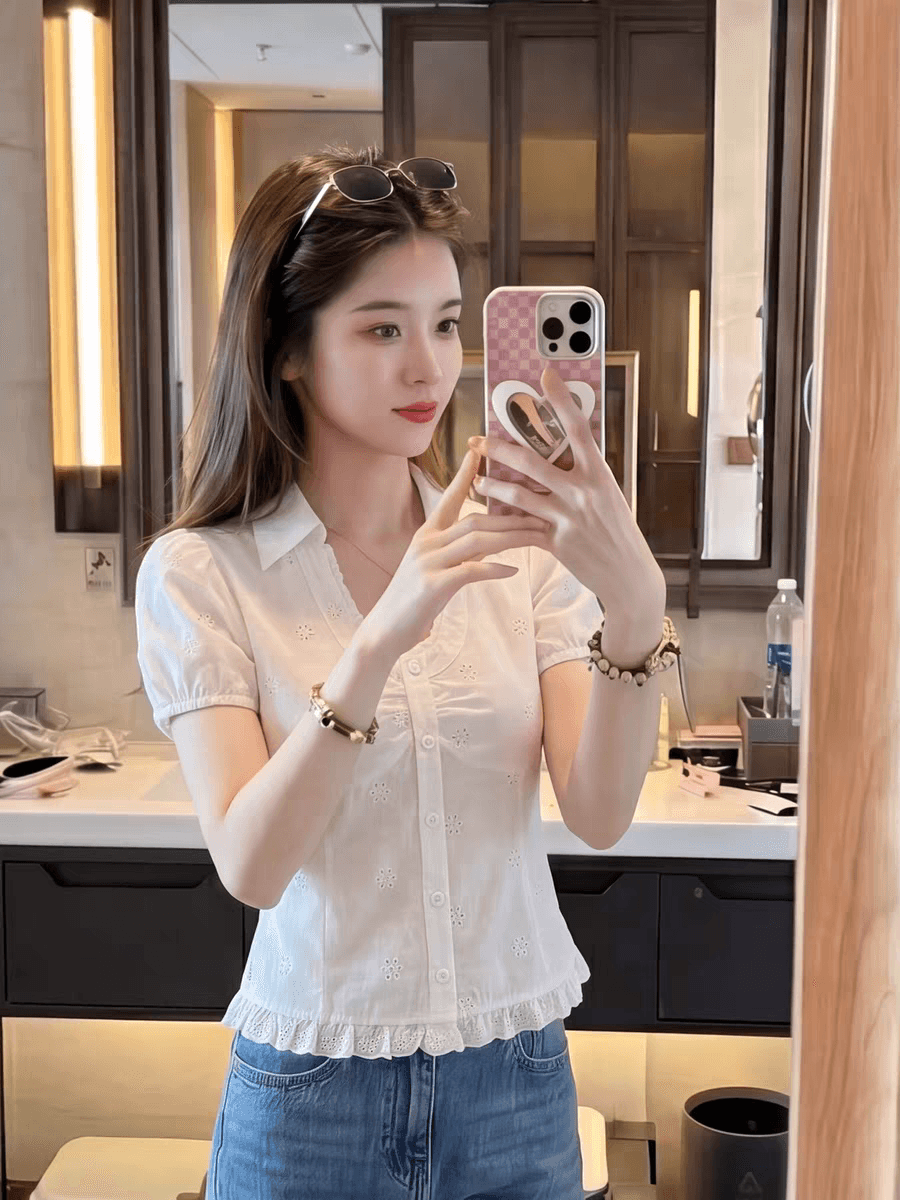 2026 여름 달콤함 소녀 바람 거품 소매 화이트 레이스 레이스 여성 셔츠 빅 사이즈 슬림해 보이는 고급 센스 맨위 상세 이미지 3