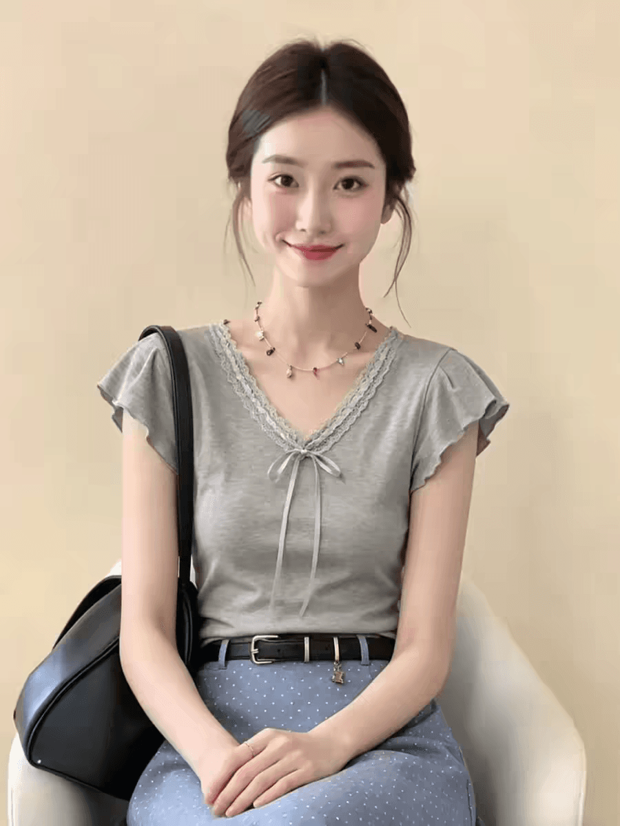 패션 레이스 V넥 나비 매듭 작은 날다 소매 티셔츠 여성 여름 회색 몸매 가꾸기 슬림해 보이는 아름다운 슈퍼 잘 생긴 레이스업 맨위 상세 이미지 1